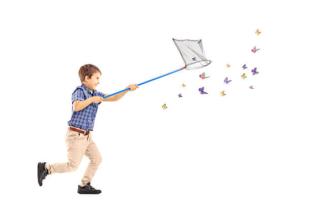 istock Kid running and catching butterflies with net 462292415