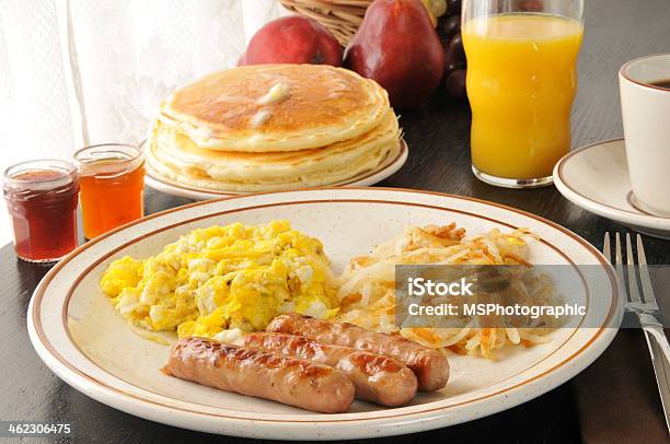 Photo libre de droit de Saucisses Œufs Pancakes Et Petit Déjeuner banque d'images et plus d'images libres de droit de Saucisse - Saucisse, Pancake, Pommes de terre rissolées