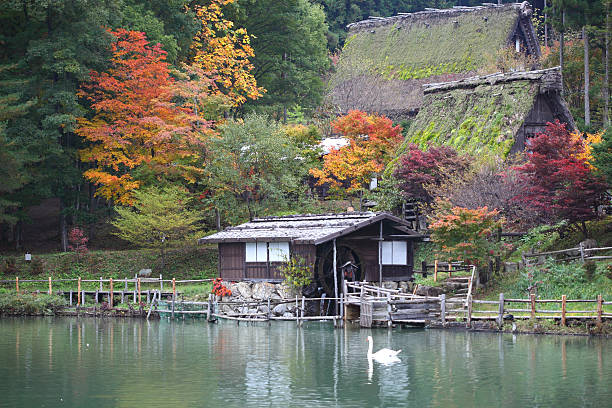 秋の色の木の飛騨高山日本民族村 ストックフォト