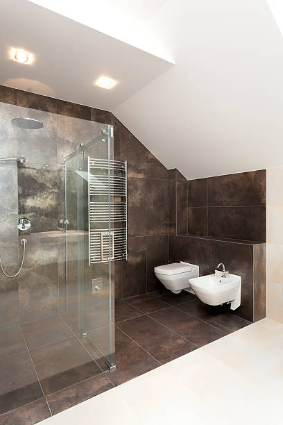 istock Glass shower in bathroom 462313069