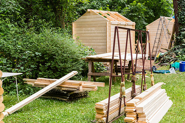 Construction of a wooden hut stock photo