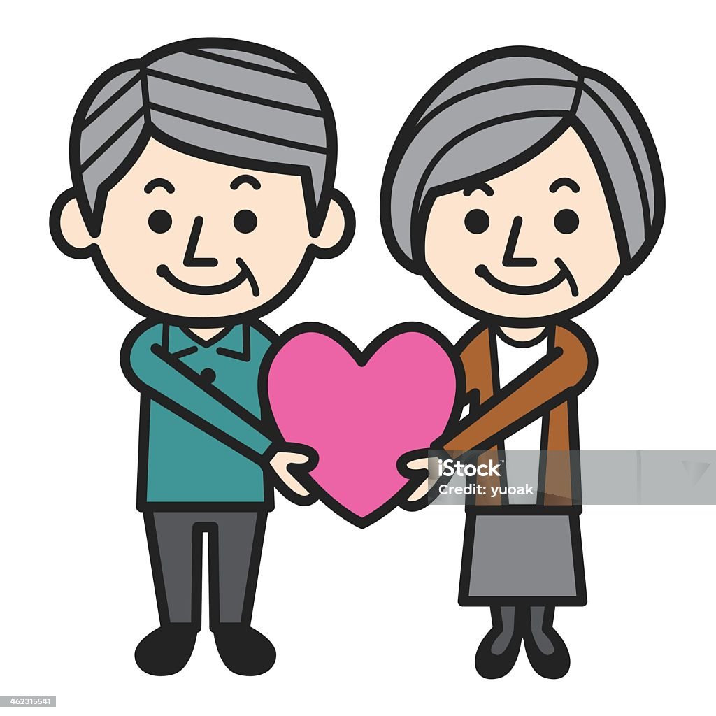 Illustration of an elderly couple holding a pink loveheart Celebrating Senior Love. Senior Adult stock vector