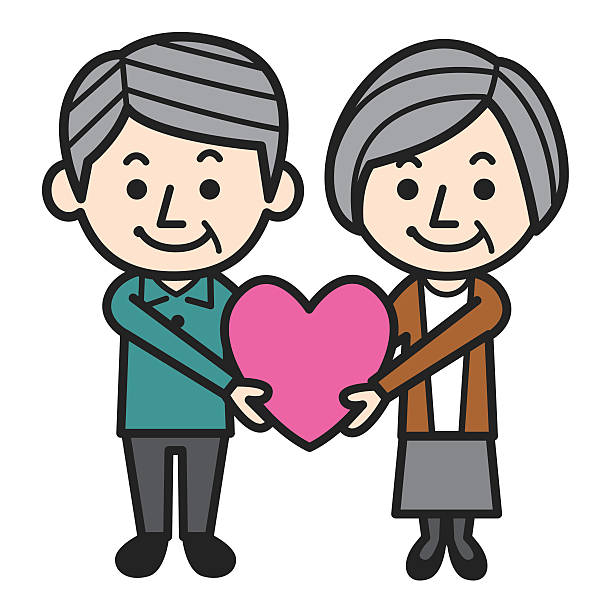 Illustration of an elderly couple holding a pink loveheart Celebrating Senior Love. senior citizen day stock illustrations