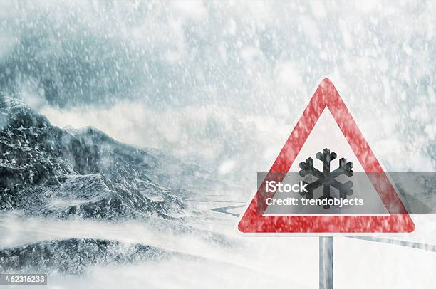 Winter Driving Snowfall In The Mountains Stock Photo - Download Image Now - Safety, Snow, Alertness