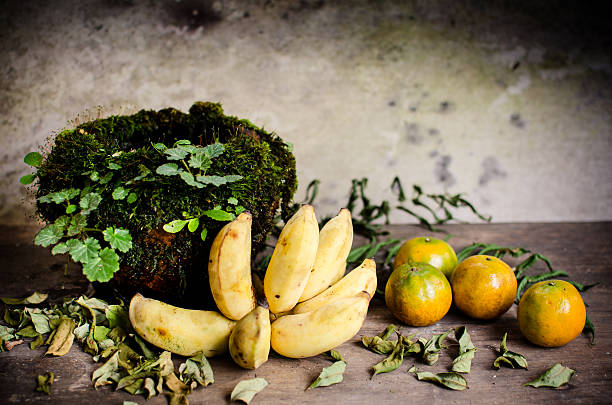 Banana oranges and Ceramic jar cover with moss