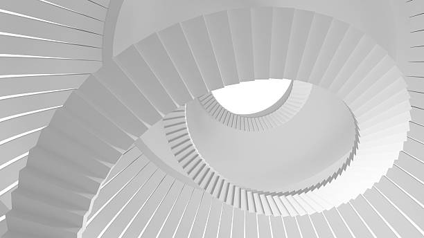 istock White spiral stairs goes up in round interior. 3d illustration 462332859