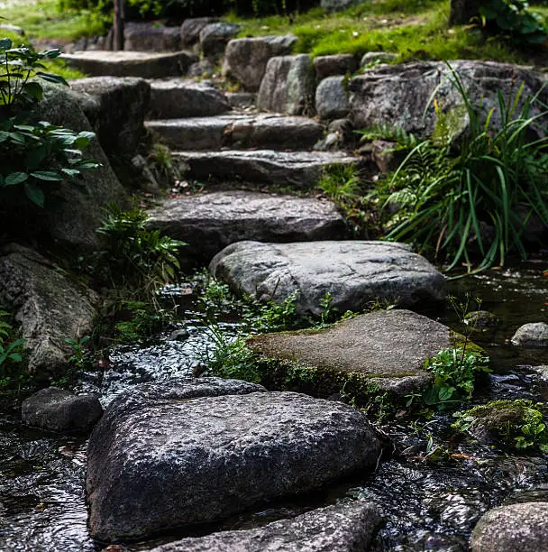 Photo of Closeup of a large stone pathway with greenery on each side