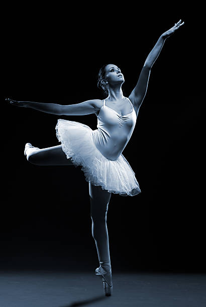 istock Ballet dancer in white tutu posing on one leg 462340915