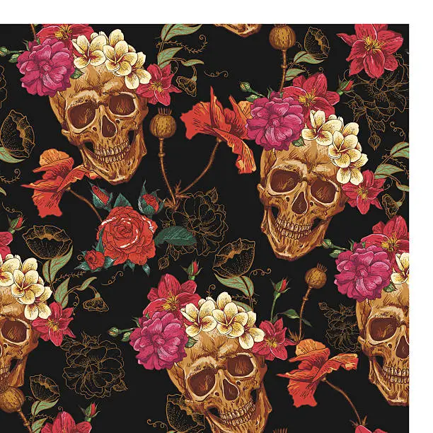 Vector illustration of Skull and Flowers Seamless Background