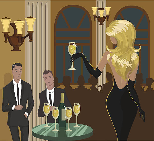 social event Lady with a glass of champagne is flirting with men at the party.  Vector illustration. EPS10. Does not contain transparent objects and effects. Illustration is made on the basis of the sketch. blond hair illustrations stock illustrations