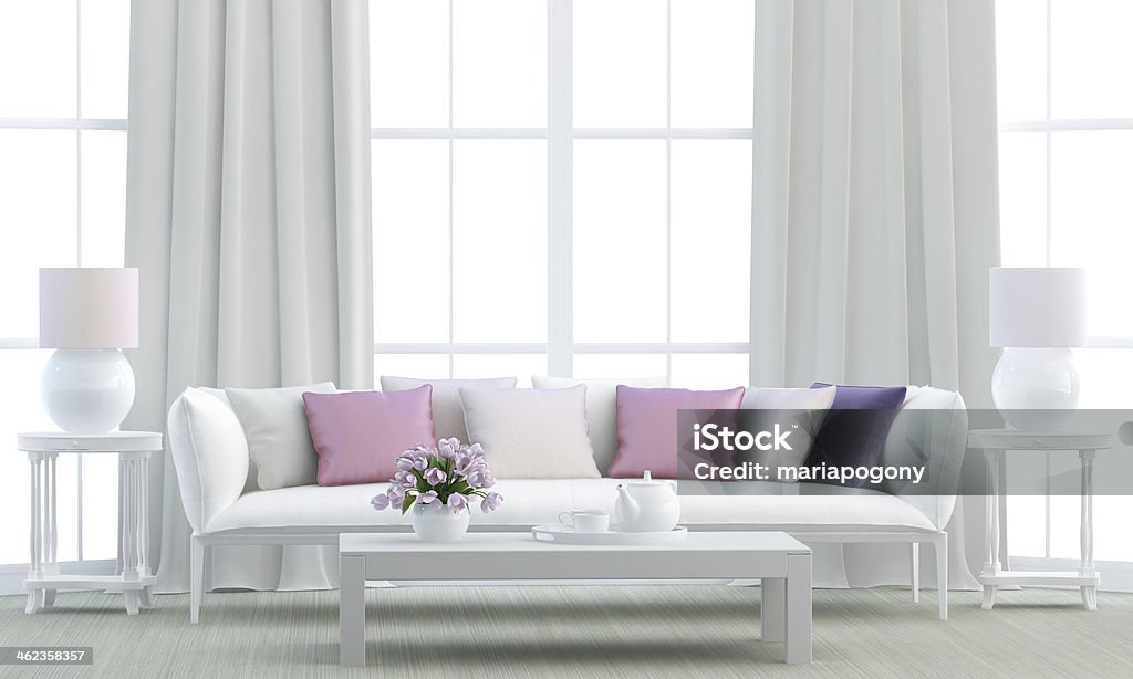 White living room White living room with bouquet Curtain Stock Photo