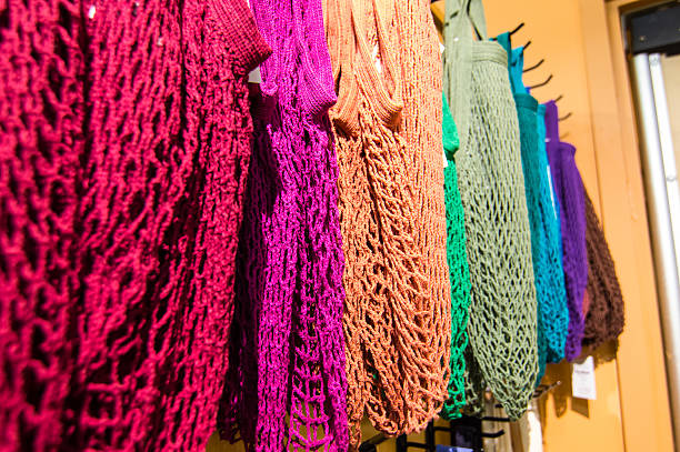 Colorful net grocery bags stock photo