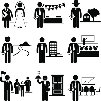 A set of people pictogram representing job profession in the industry of administrative management services. They are wedding planner, event planner, undertaker, town planner, property manager, conference, tour guide, butler, and meeting organizer.