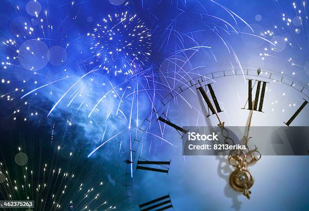 Vintage Clock Against Holiday Lights Stock Photo - Download Image Now - Clock, New Year, Watch - Timepiece