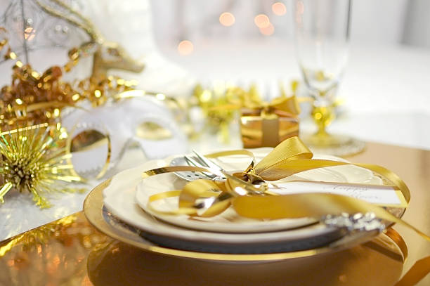 White and gold Happy New Year elegant table setting