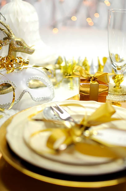 istock White and gold Happy New Year elegant table setting 462376725