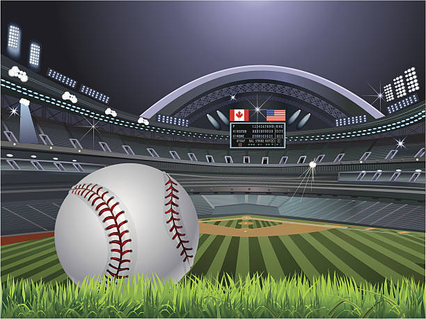 illustrazioni stock, clip art, cartoni animati e icone di tendenza di stadio di baseball con bandiera usa e canada - baseballs baseball stadium athlete