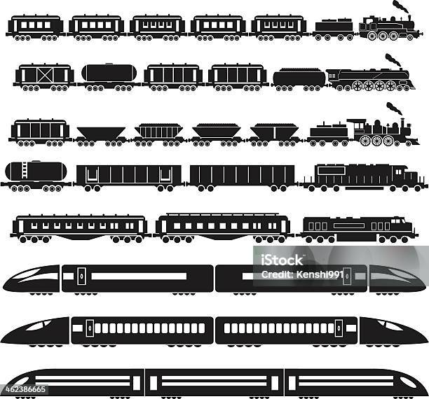 Set Von Züge Stock Vektor Art und mehr Bilder von Eisenbahn - Eisenbahn, Zug mit Dampflokomotive, Kontur