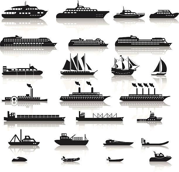 satz von schiffen - container ship tugboat nautical vessel pulling stock-grafiken, -clipart, -cartoons und -symbole