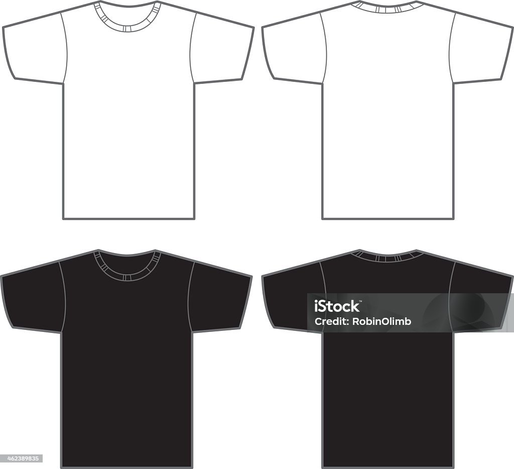 Two white and two black t-shirts Vector illustration of white t-shirt front and back and a black t-shirt front and back. Great template for a logo or artwork. T-Shirt stock vector