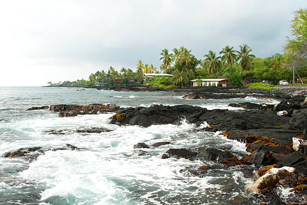 istock Volcano rocks with ocean and palm trees during storm 462394431