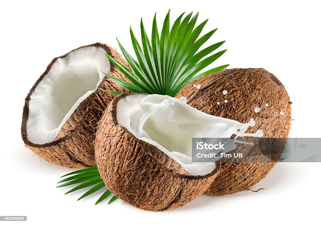 Orzechy kokosowe z mleka splash i Liść na białym tle - Zbiór zdjęć royalty-free (Kokos)