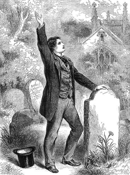 Cenetery Mourner An engraved vintage illustration of a Victorian man in a cemetery at a funeral, mourning in sorrow, from a Victorian newspaper dated 1863 that is no longer in copyright church black and white people praying stock illustrations