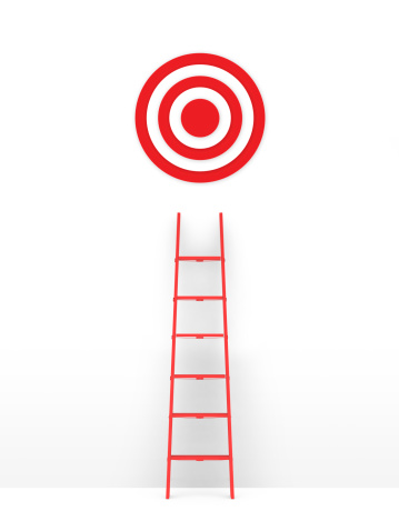 Business concept, red ladder leading to target, isolated on white background.
