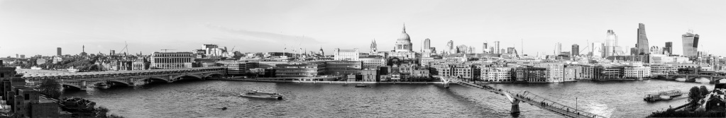 Black and white panoramic view of London England from the south bank