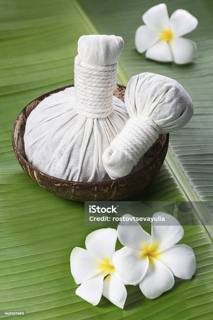 Kokosnuss Schale mit Kräuterkompresse ball auf einem Blatt - Lizenzfrei Massieren Stock-Foto