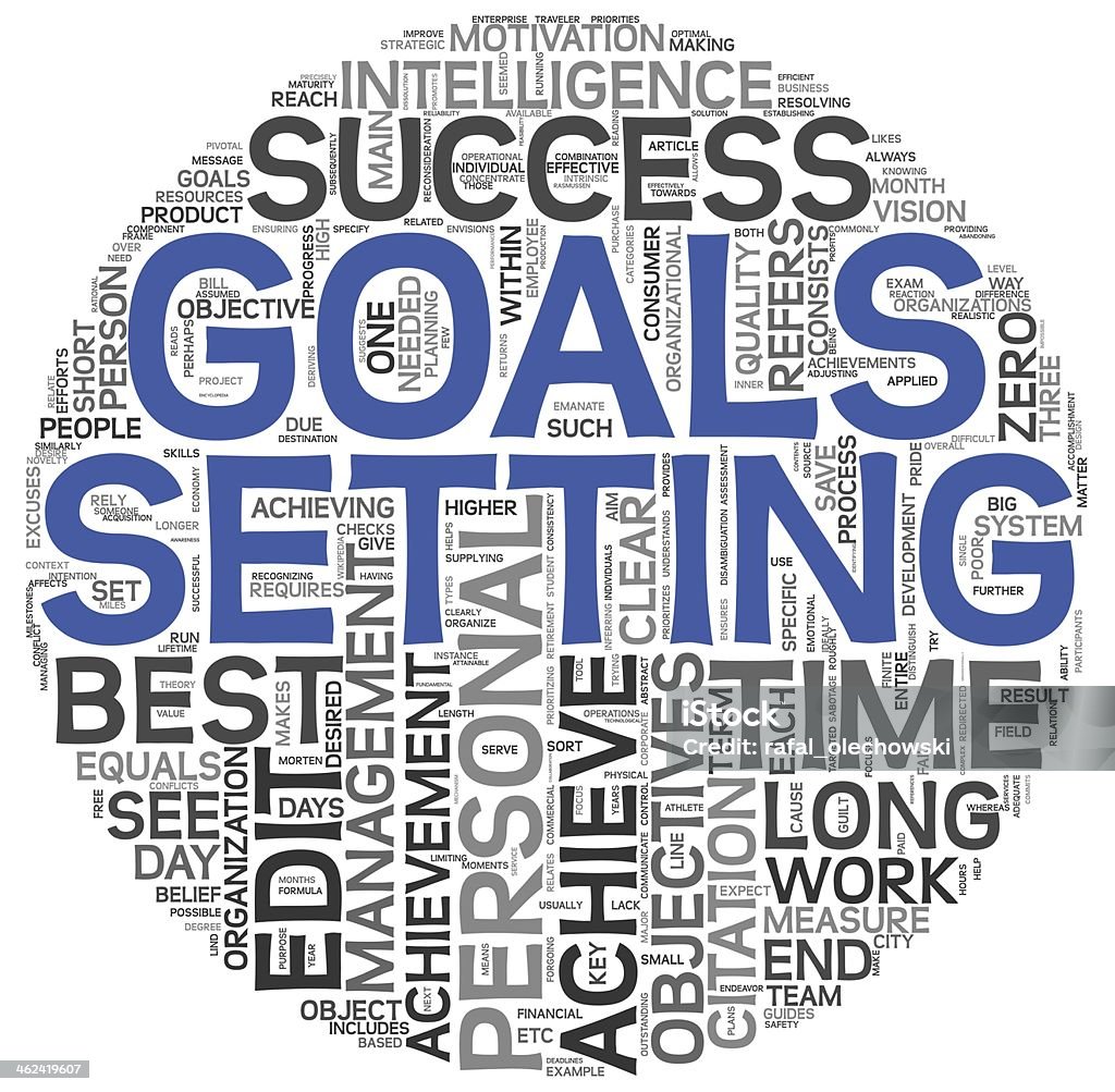 Tag cloud of concept of goals setting Goals setting concept in word tag cloud on white background Achievement Stock Photo