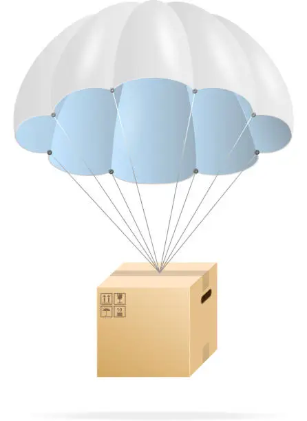 Vector illustration of White parachute with cardboard box