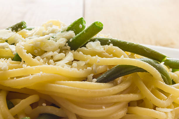 Spaghetti with garlic oil and green beans from Italy
