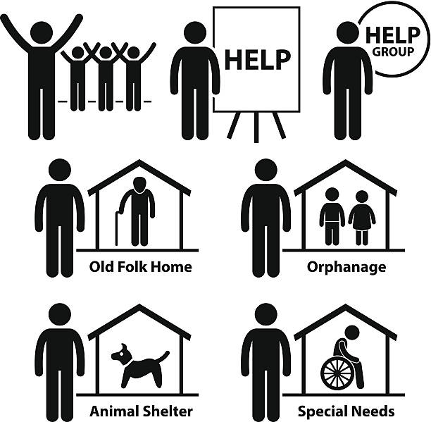 Non Profit Social Service Responsibilities Foundation Volunteer This is a set of pictograms representing volunteers for social service such as old folk homes, orphanage, animal shelter, and people in special needs. non gender figure stock illustrations