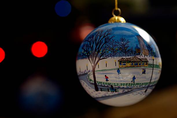 Christmas ornament depicting skaters on Frog Pond in Boston Common.