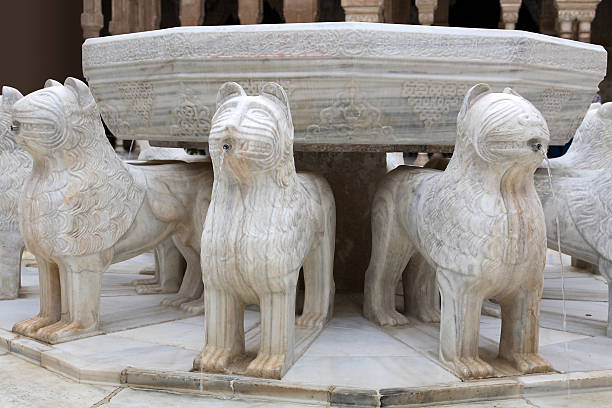 Stone fountain with lions sculpture in Alhambra palace. Granada,Spain