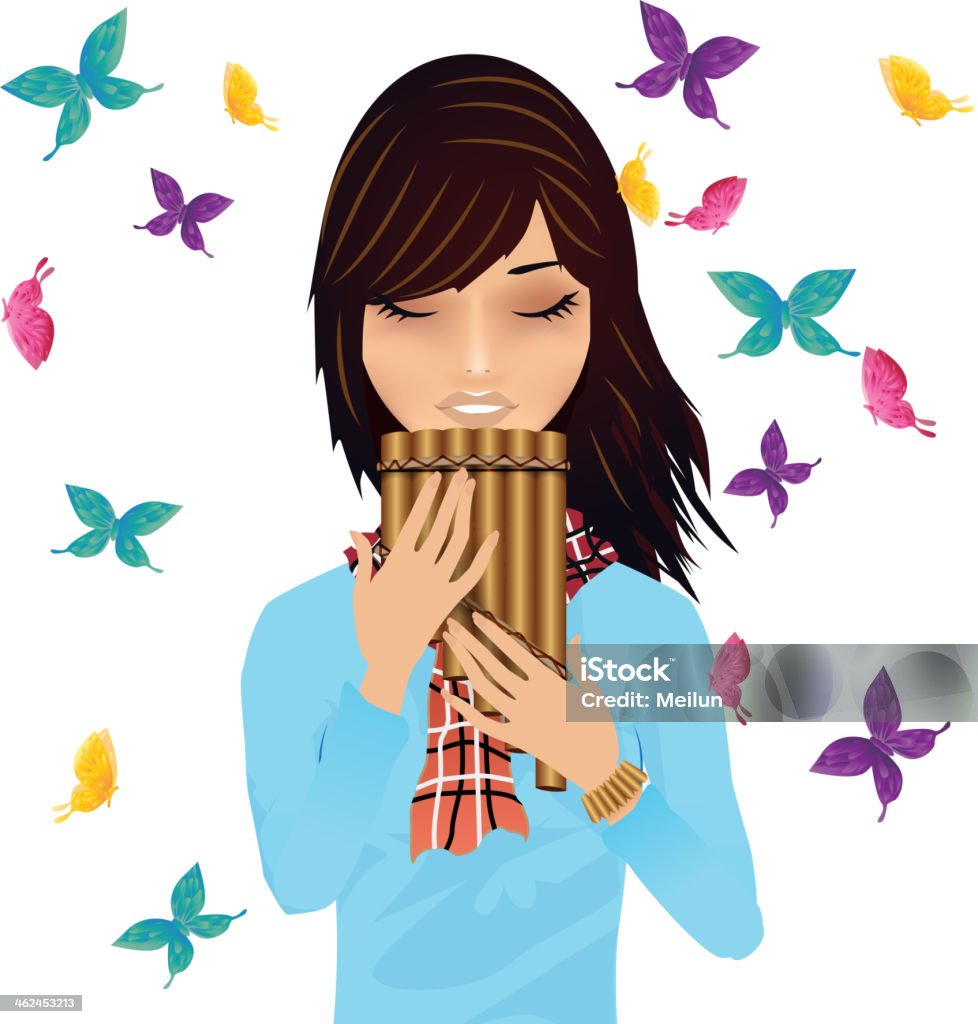 Girl に、パンのフルートに囲まれ、バタフライのベクトル - Butterflies in the Stomach 英語の慣用句のロイヤリティフリーベクトルアート