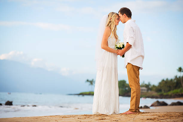 istock Just married couple holding hands on the beach at sunset 462458695