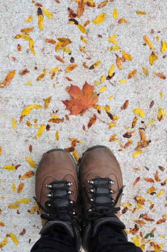 Person's feet standing on a road covered in fall leaves