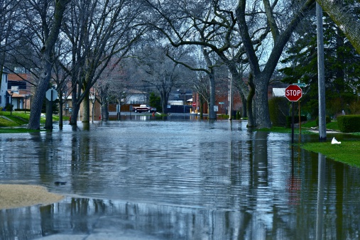 Deep Flood Water in Residential Area. Des Plains, IL, USA. City Under River Flood Water. Nature Disasters Photography Collection.