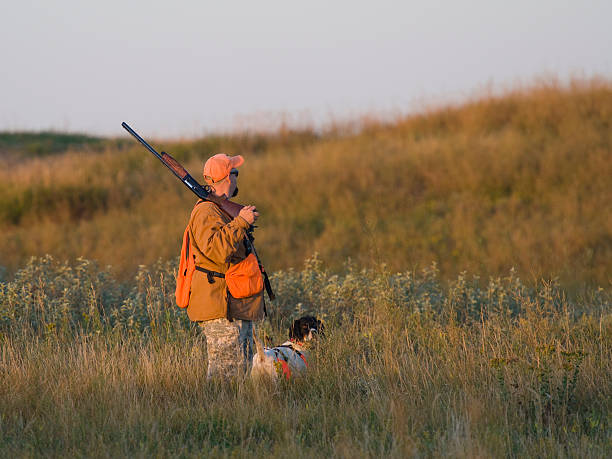 Hunter with his dog holding a rifle looking for prey A hunter out on the prairie in the early morning sun with his dog plateau photos stock pictures, royalty-free photos & images
