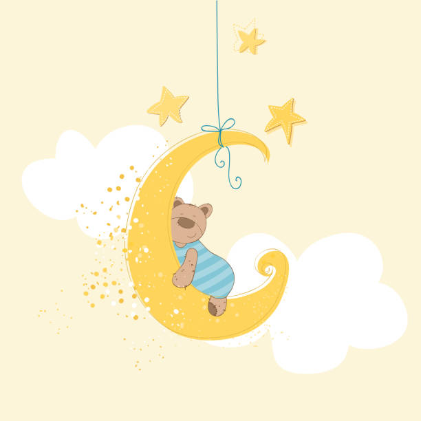 illustrazioni stock, clip art, cartoni animati e icone di tendenza di baby doccia o arrivo scheda-sleeping bear - backgrounds party birthday announcement message