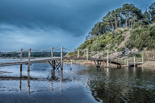 Obidos Lagoon Small timber bridge over the water at the lagoon in Obidos, Portugal. This is a popular location for fishing, sailing and bird watching. obidos photos stock pictures, royalty-free photos & images