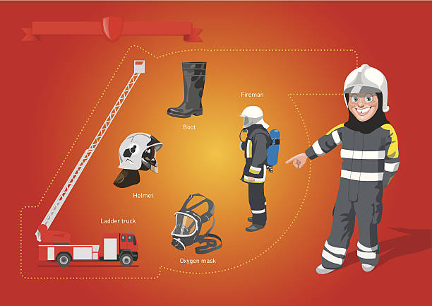 fire-brigade Different items of the fire-bigade equipment, like a boot, ladder truck, helmet, and a oxygen mask pointed out by a very young fireman. person oxygen tank stock illustrations