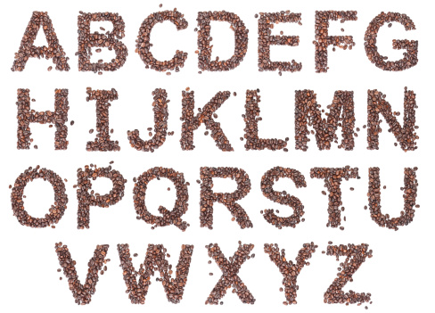 A-Z, Alphabet from coffee beans on white background.