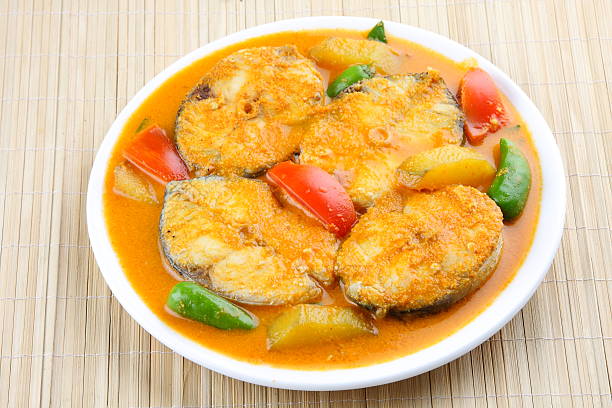 curry di pesce stile asiatico - terra cotta pot foto e immagini stock