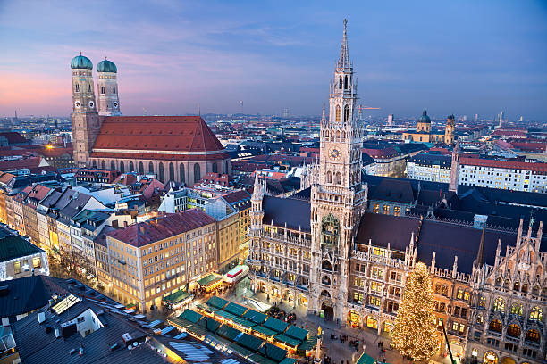 Munich, Germany. Aerial image of Munich, Germany with Christmas Market and Christmas decoration during sunset. marienplatz photos stock pictures, royalty-free photos & images