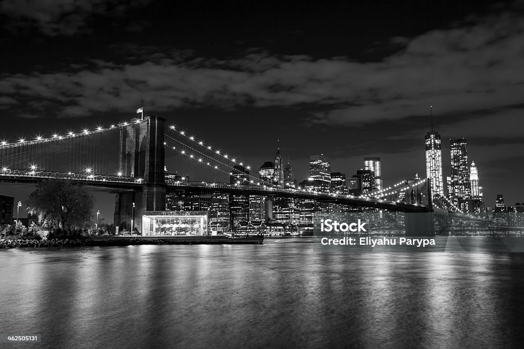 Brooklyn Bridge and Manhattan skyline at night Brooklyn Bridge and Manhattan skyline at night in black and white Brooklyn Bridge Stock Photo