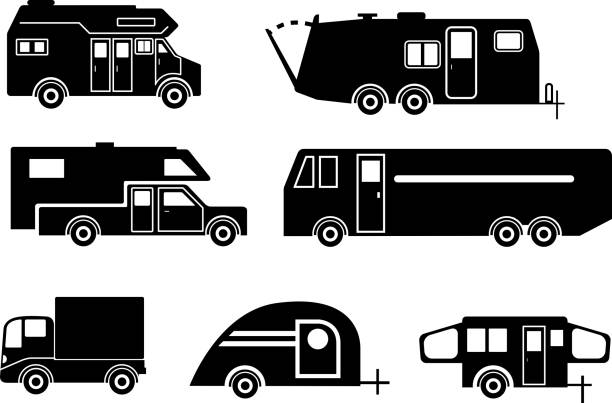 przyczepa kempingowa zestaw ikon - tear drop camper stock illustrations