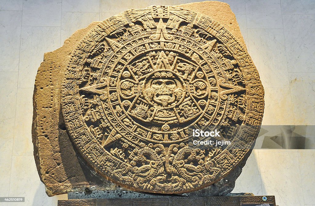 24-Ton Aztec Calendar Stone - Mexico The Aztec calendar stone, Mexica sun stone, Stone of the Sun, or Stone of the Five Eras, is a large monolithic sculpture that was excavated in the Zócalo, the main square of Mexico City, in 1790. Mexico City Stock Photo